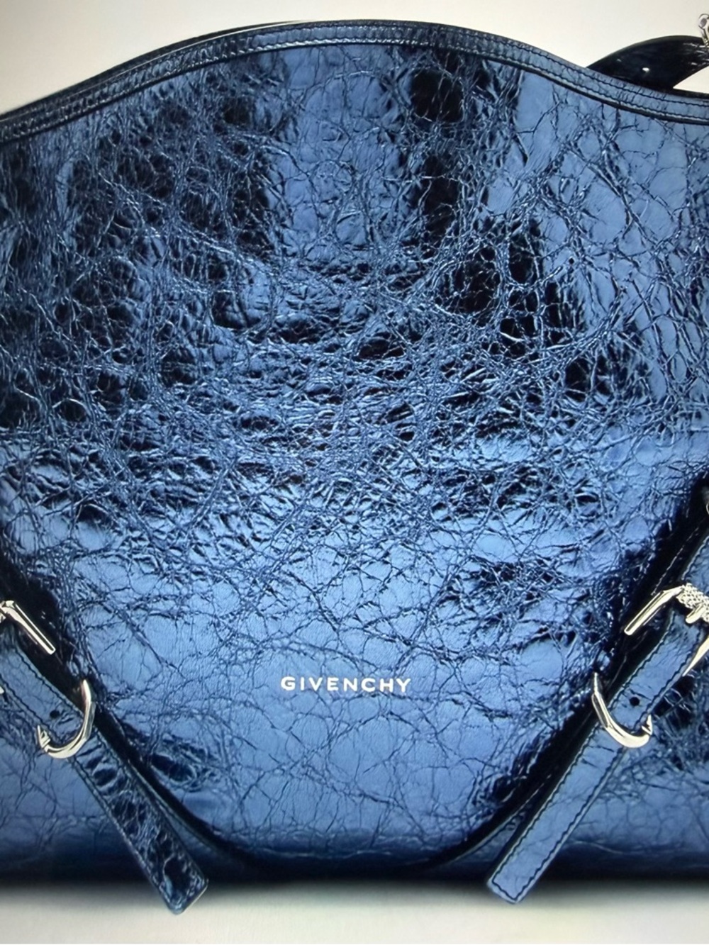 Givenchy Glossy Metallic Blue Crinkled Leather Voyou Medium Shoulder Bag